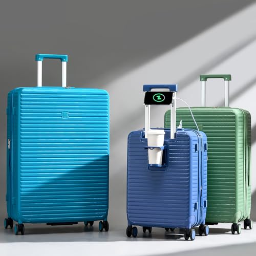 Expandable Travel Luggage with Cup Holder Charger Built in Lightweight Small Suitcase, Silver