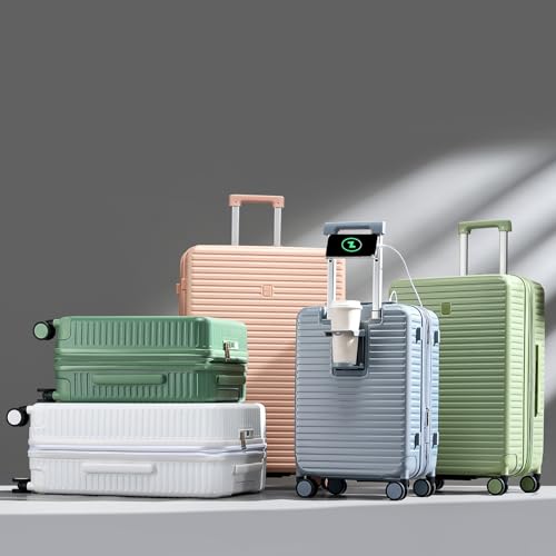 Expandable Travel Luggage with Cup Holder Charger Built in Lightweight Small Suitcase, Silver