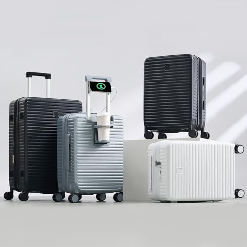 Expandable Travel Luggage with Cup Holder Charger Built in Lightweight Small Suitcase, Silver