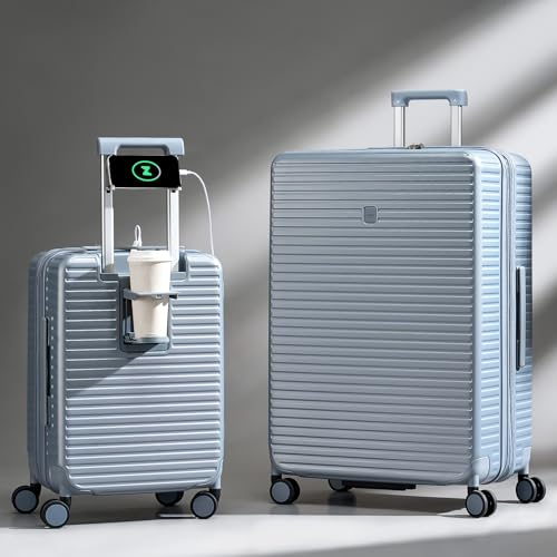Expandable Travel Luggage with Cup Holder Charger Built in Lightweight Small Suitcase, Silver