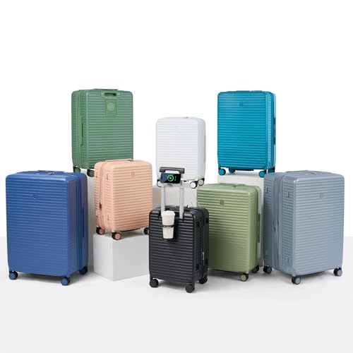 Expandable Travel Luggage with Cup Holder Charger Built in Lightweight Small Suitcase, Silver