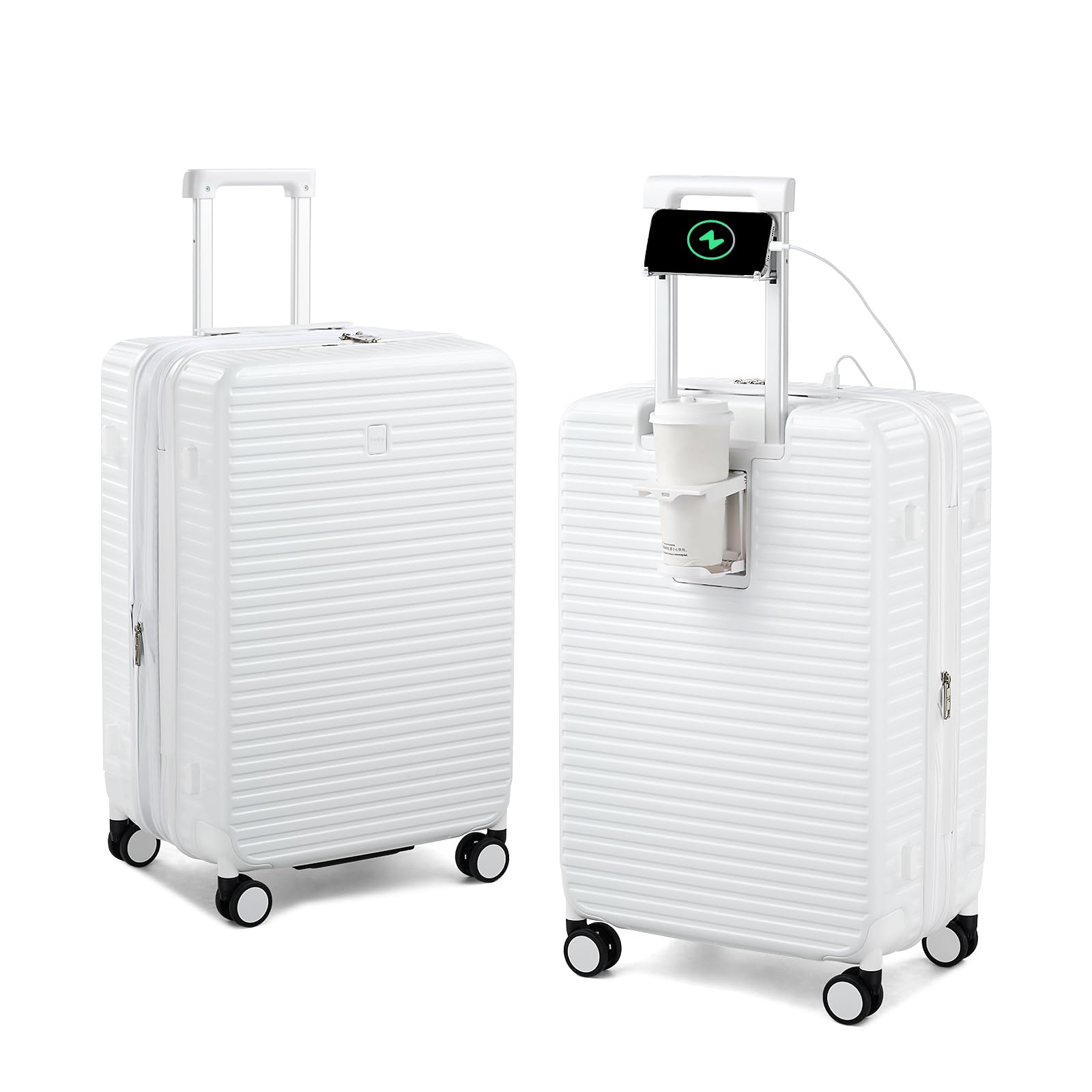 Expandable Travel Luggage with Cup Holder Charger Built in Lightweight Small Suitcase, Silver