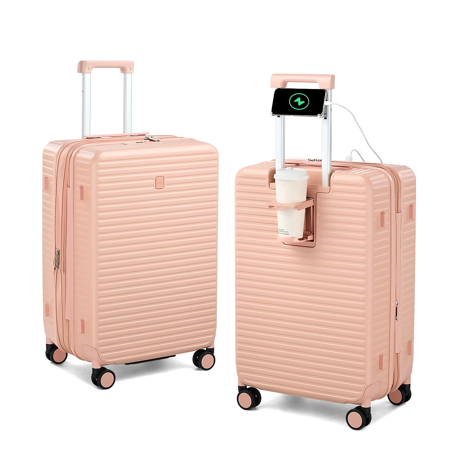 Expandable Travel Luggage with Cup Holder Charger Built in Lightweight Small Suitcase, Silver