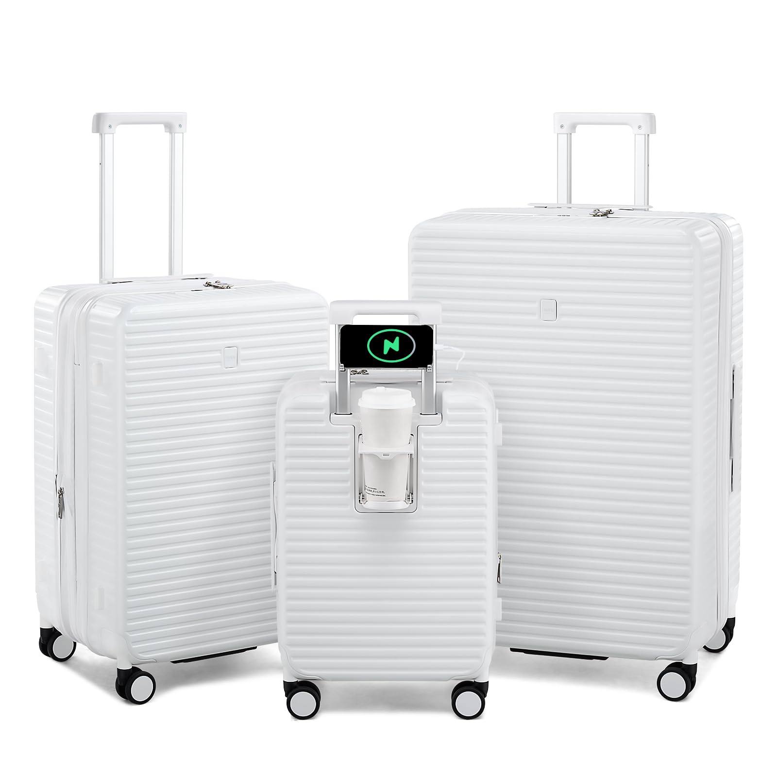 Expandable Travel Luggage with Cup Holder Charger Built in Lightweight Small Suitcase, Silver