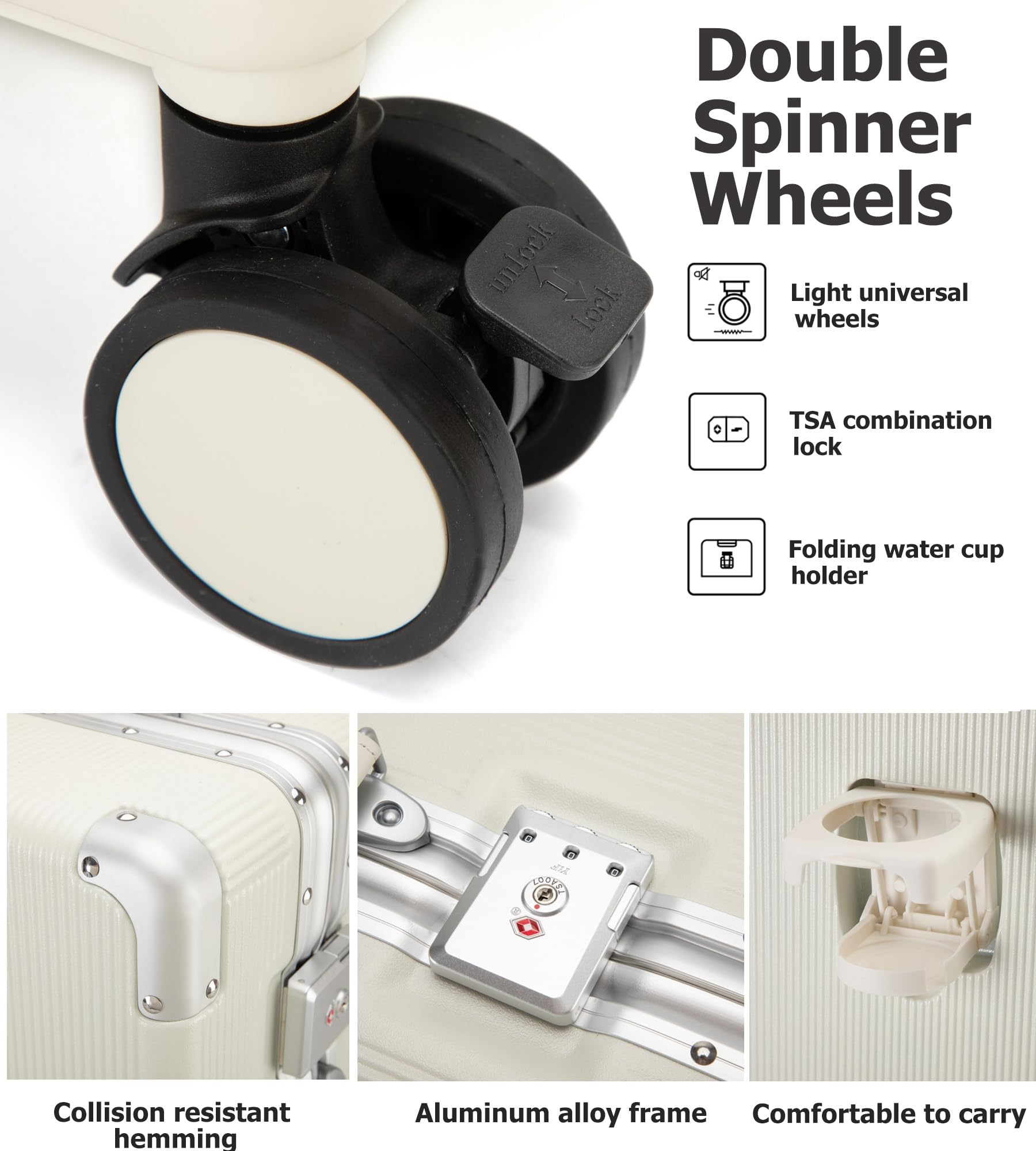 Wheels Luxury Rolling Travel Suitcase with TSA Lock & Cup Holder