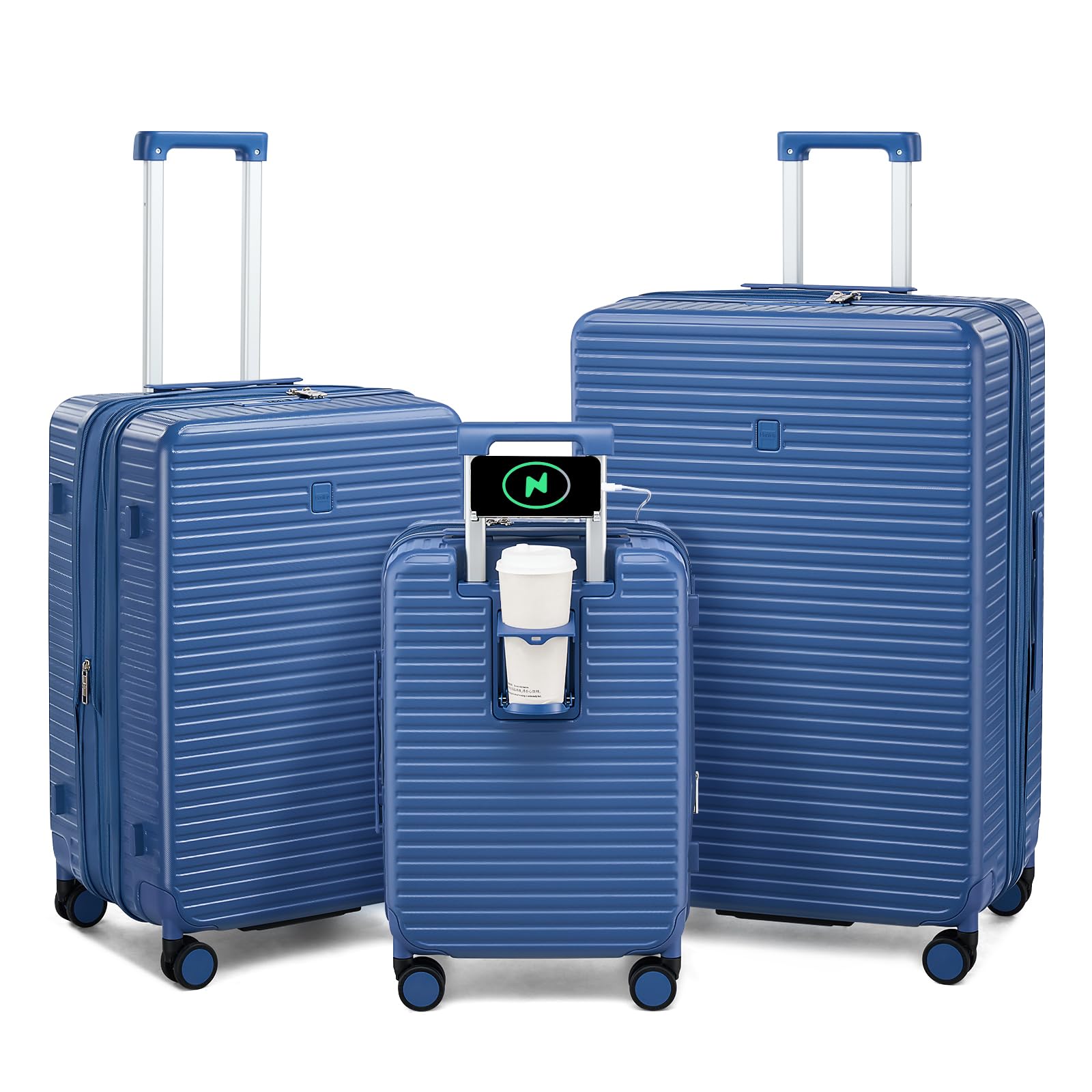 Expandable Travel Luggage with Cup Holder Charger Built in Lightweight Small Suitcase, Silver