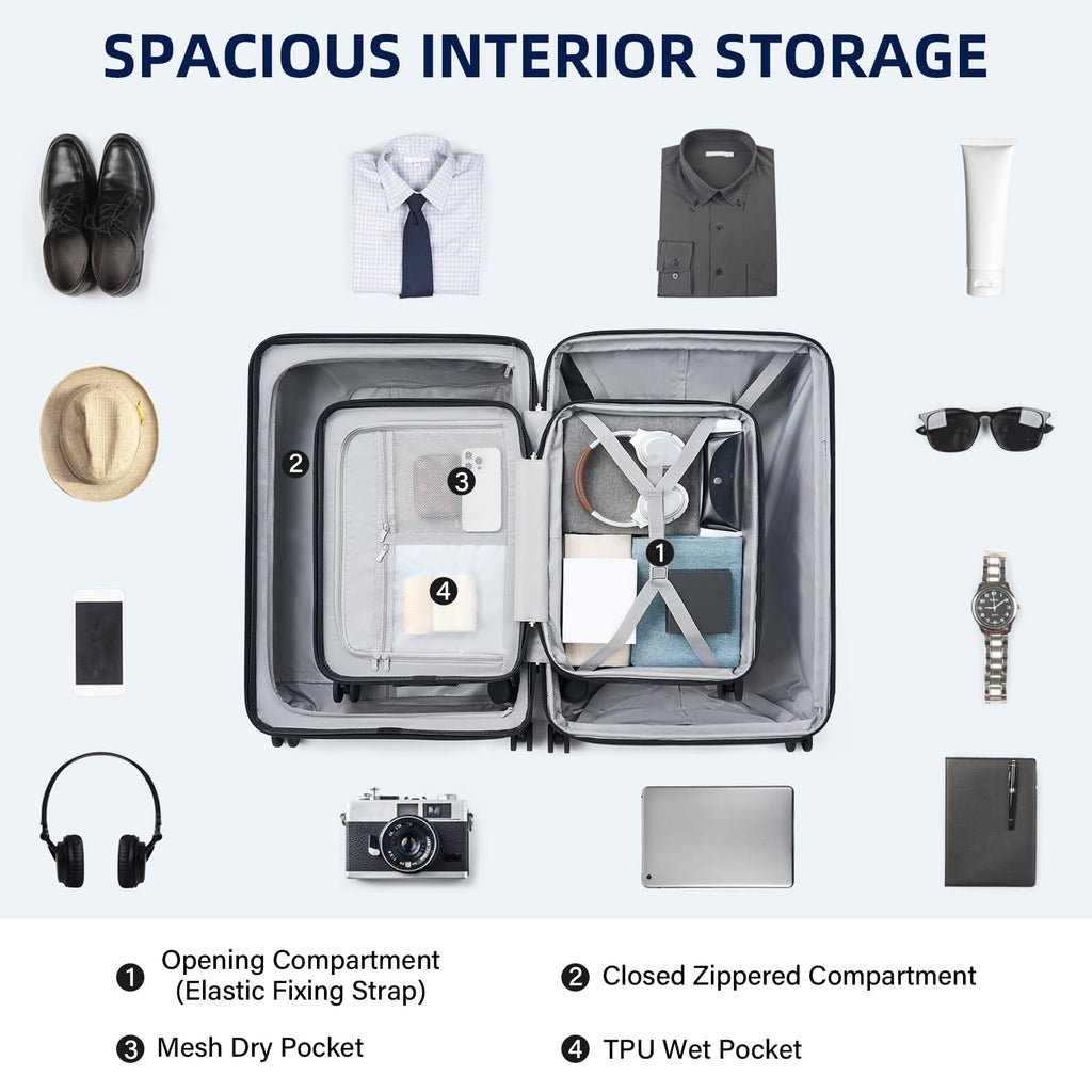 Expandable Travel Luggage with Cup Holder Charger Built in Lightweight Small Suitcase, Silver