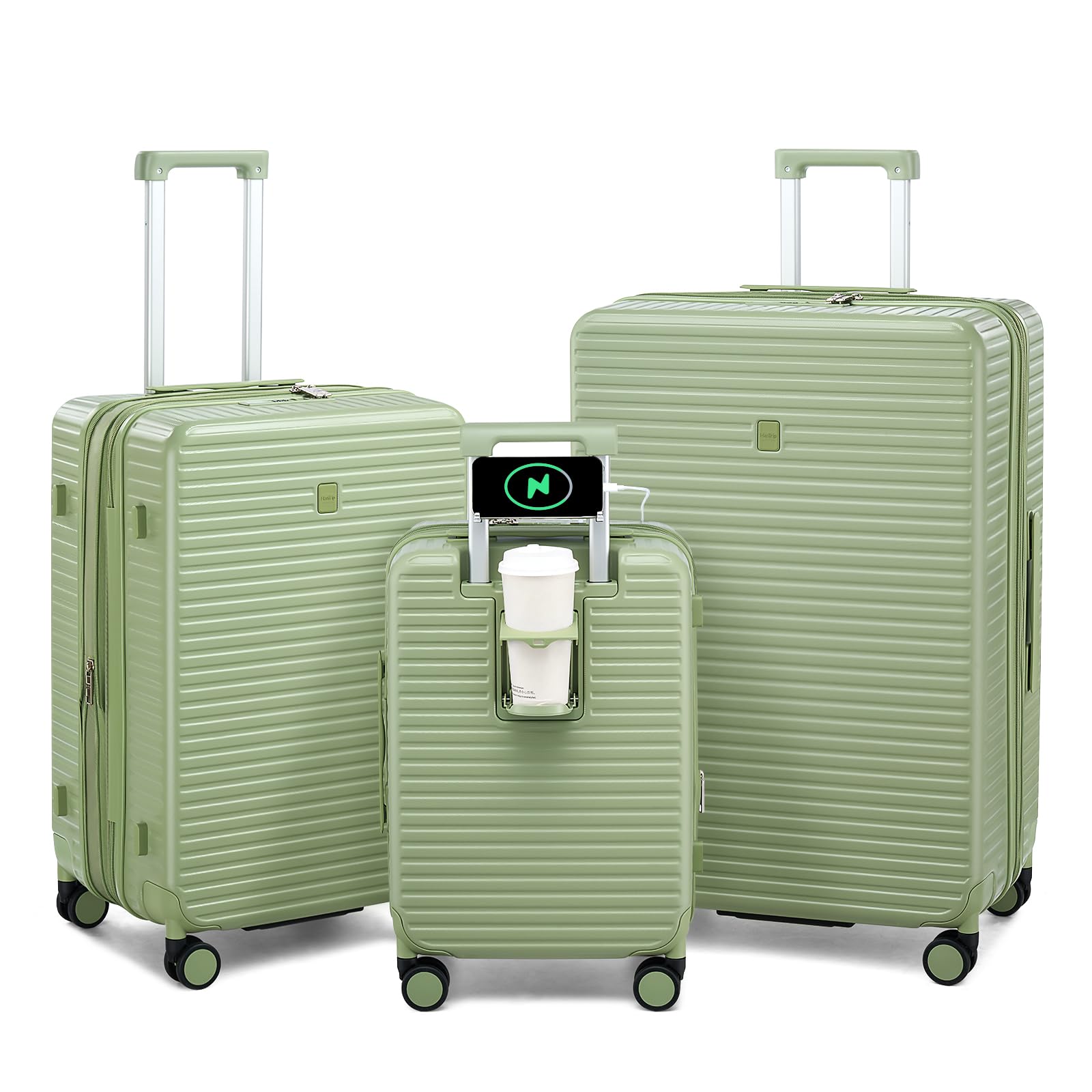 Expandable Travel Luggage with Cup Holder Charger Built in Lightweight Small Suitcase, Silver
