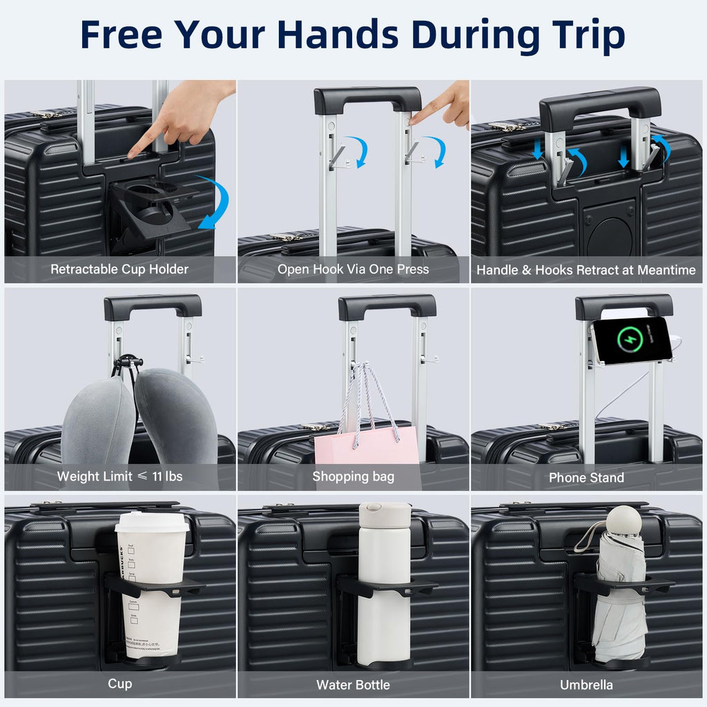 Expandable Travel Luggage with Cup Holder Charger Built in Lightweight Small Suitcase, Silver