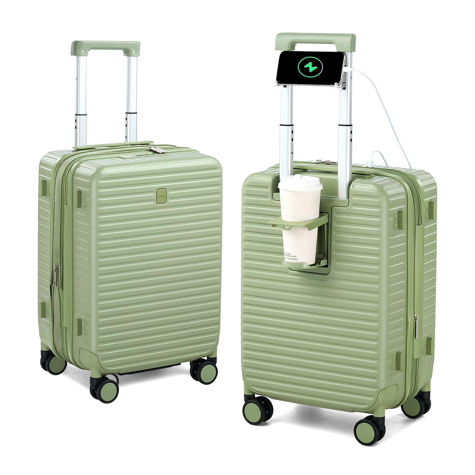 Expandable Travel Luggage with Cup Holder Charger Built in Lightweight Small Suitcase, Silver