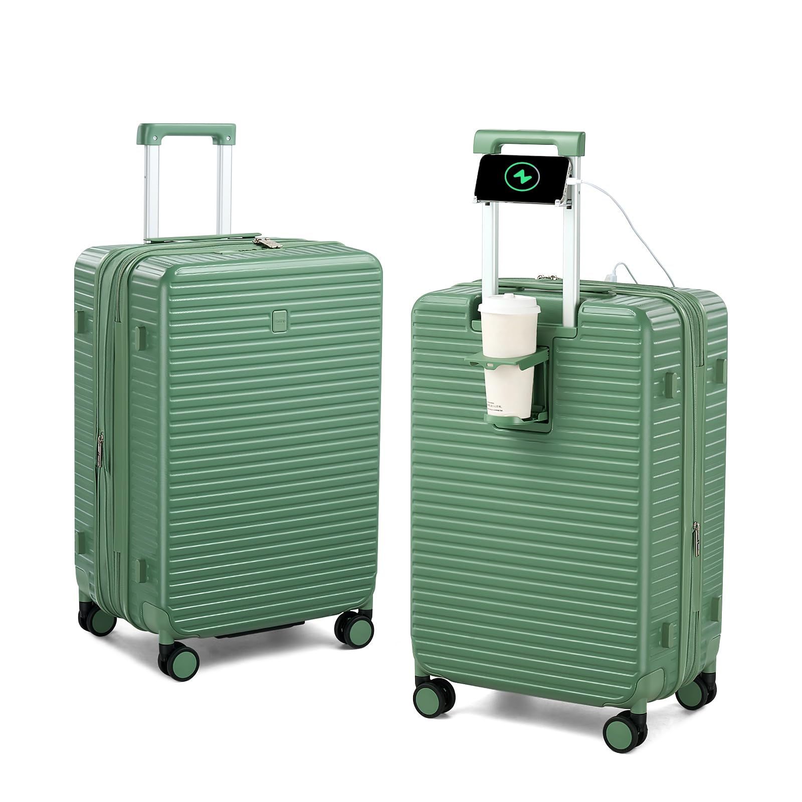 Expandable Travel Luggage with Cup Holder Charger Built in Lightweight Small Suitcase, Silver