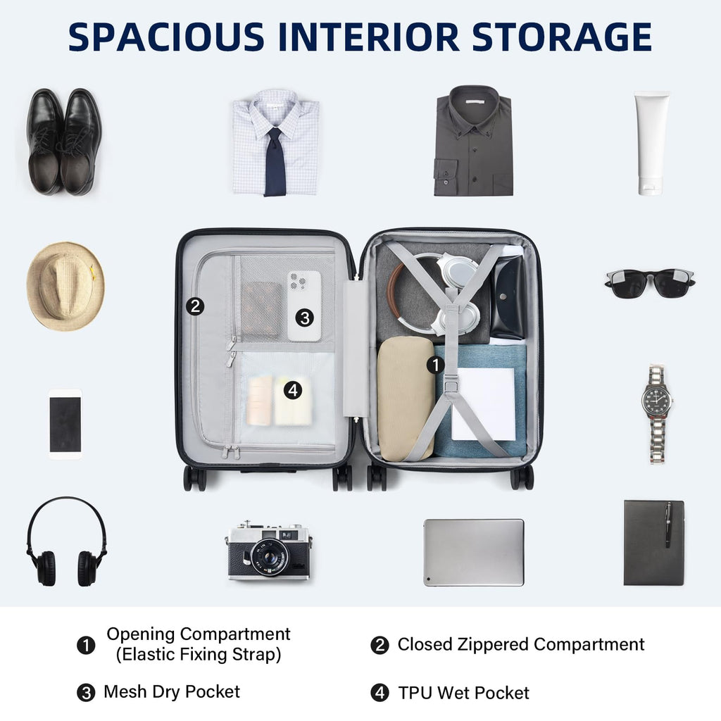 Expandable Travel Luggage with Cup Holder Charger Built in Lightweight Small Suitcase, Silver