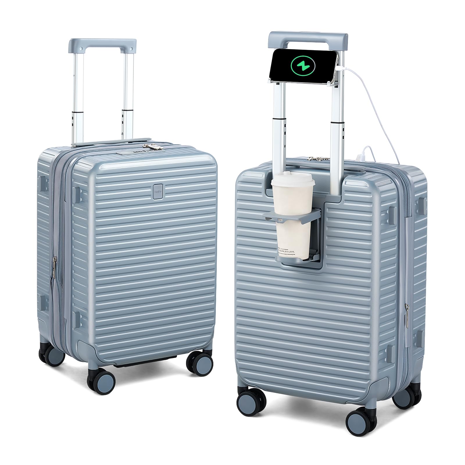 Expandable Travel Luggage with Cup Holder Charger Built in Lightweight Small Suitcase, Silver