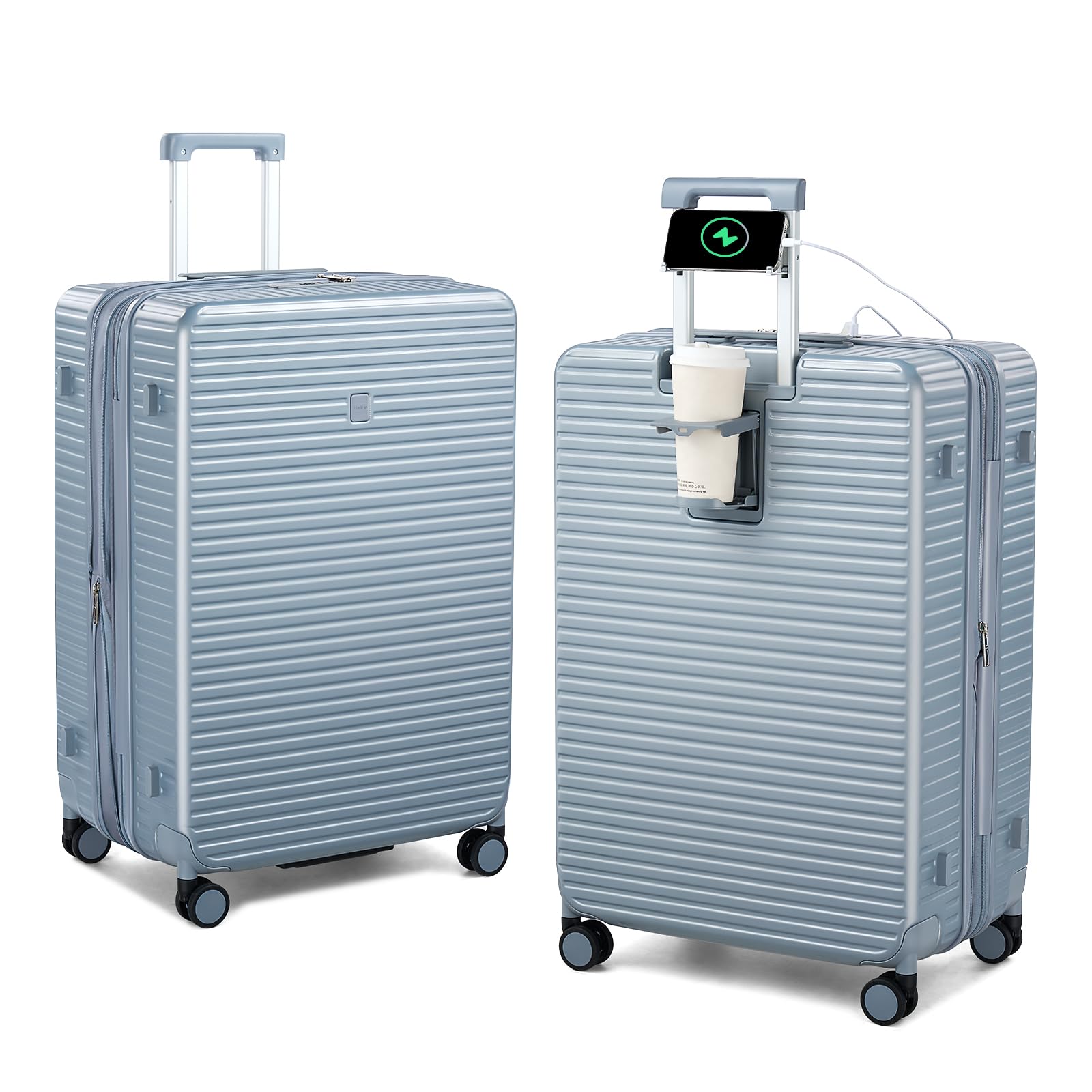 Expandable Travel Luggage with Cup Holder Charger Built in Lightweight Small Suitcase, Silver