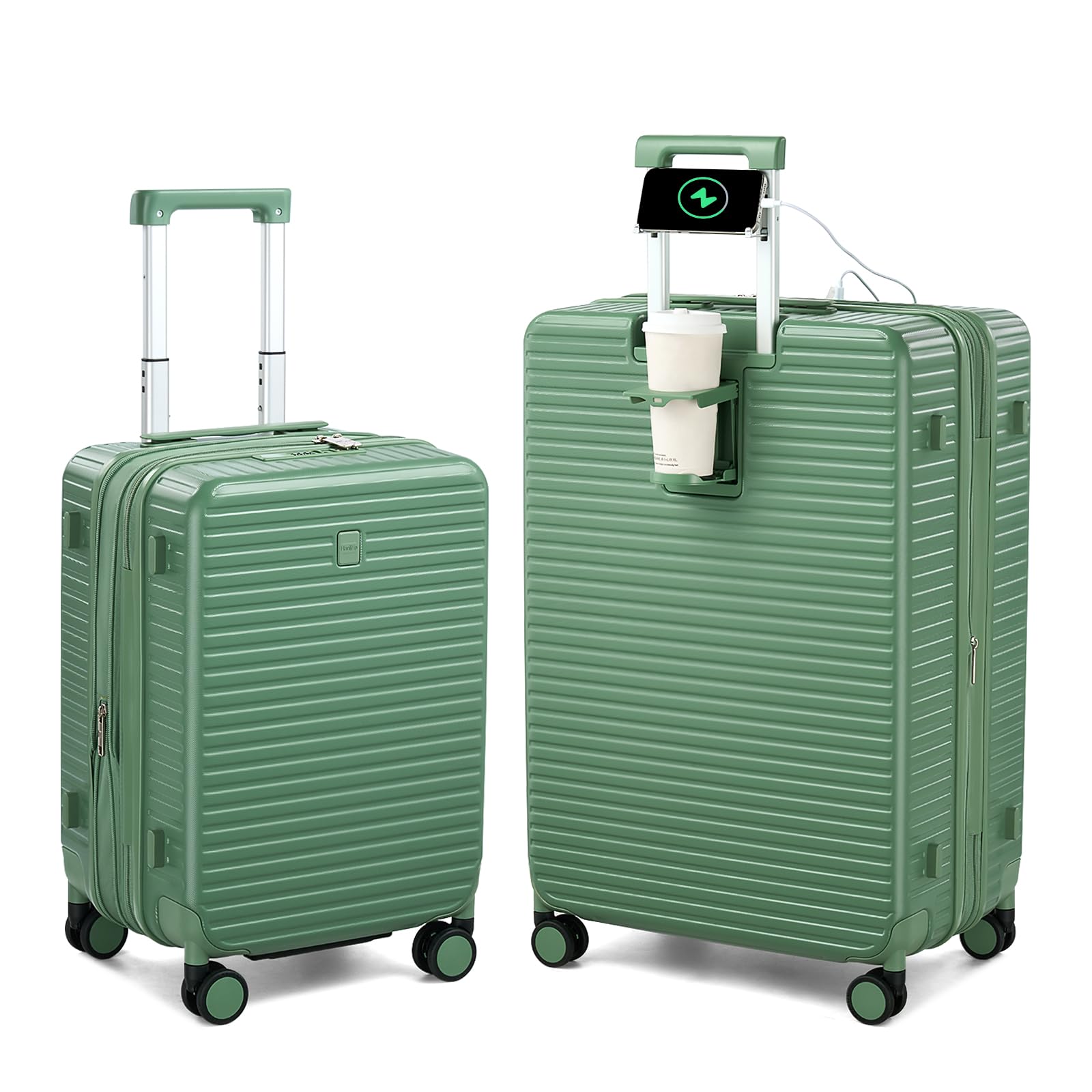 Expandable Travel Luggage with Cup Holder Charger Built in Lightweight Small Suitcase, Silver