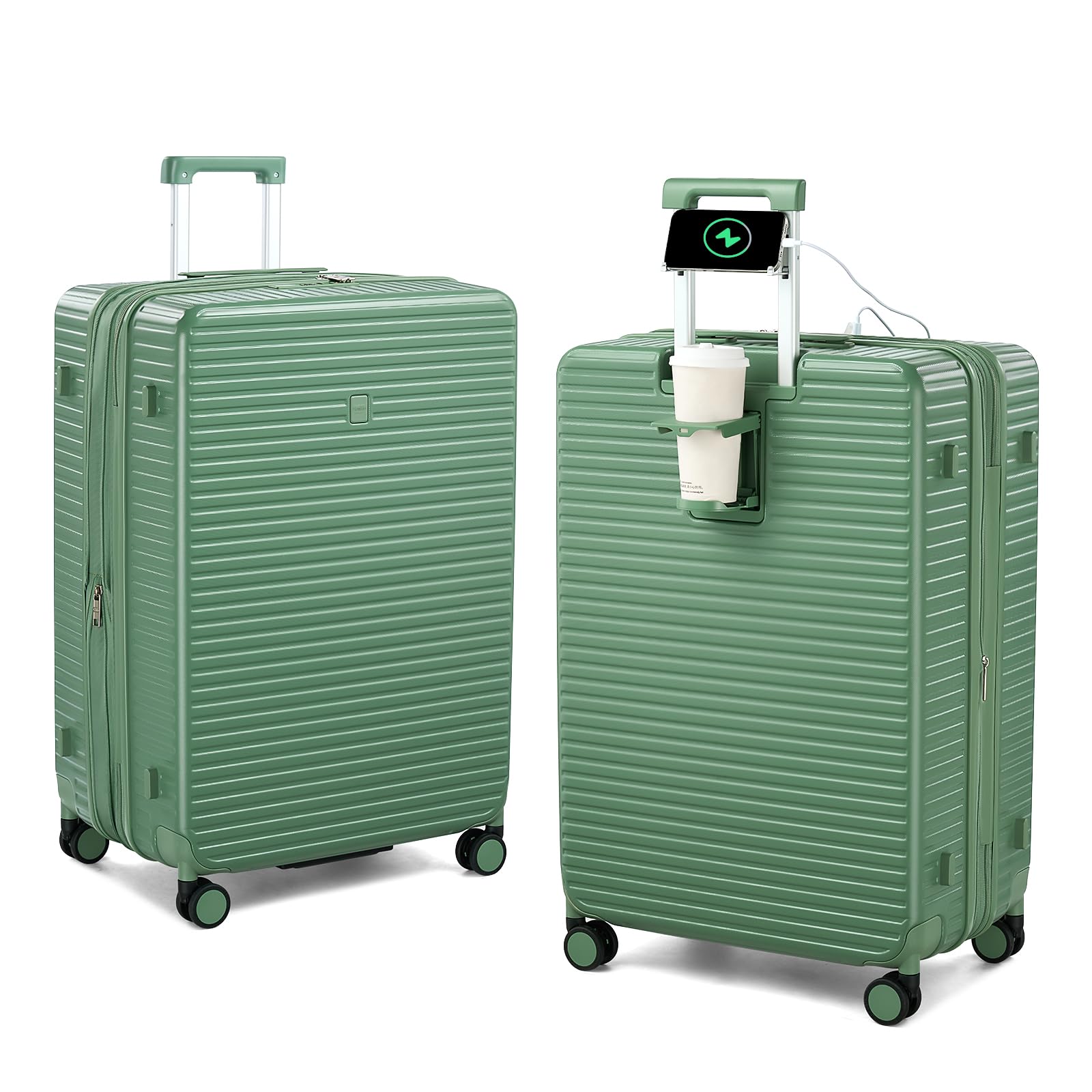 Expandable Travel Luggage with Cup Holder Charger Built in Lightweight Small Suitcase, Silver