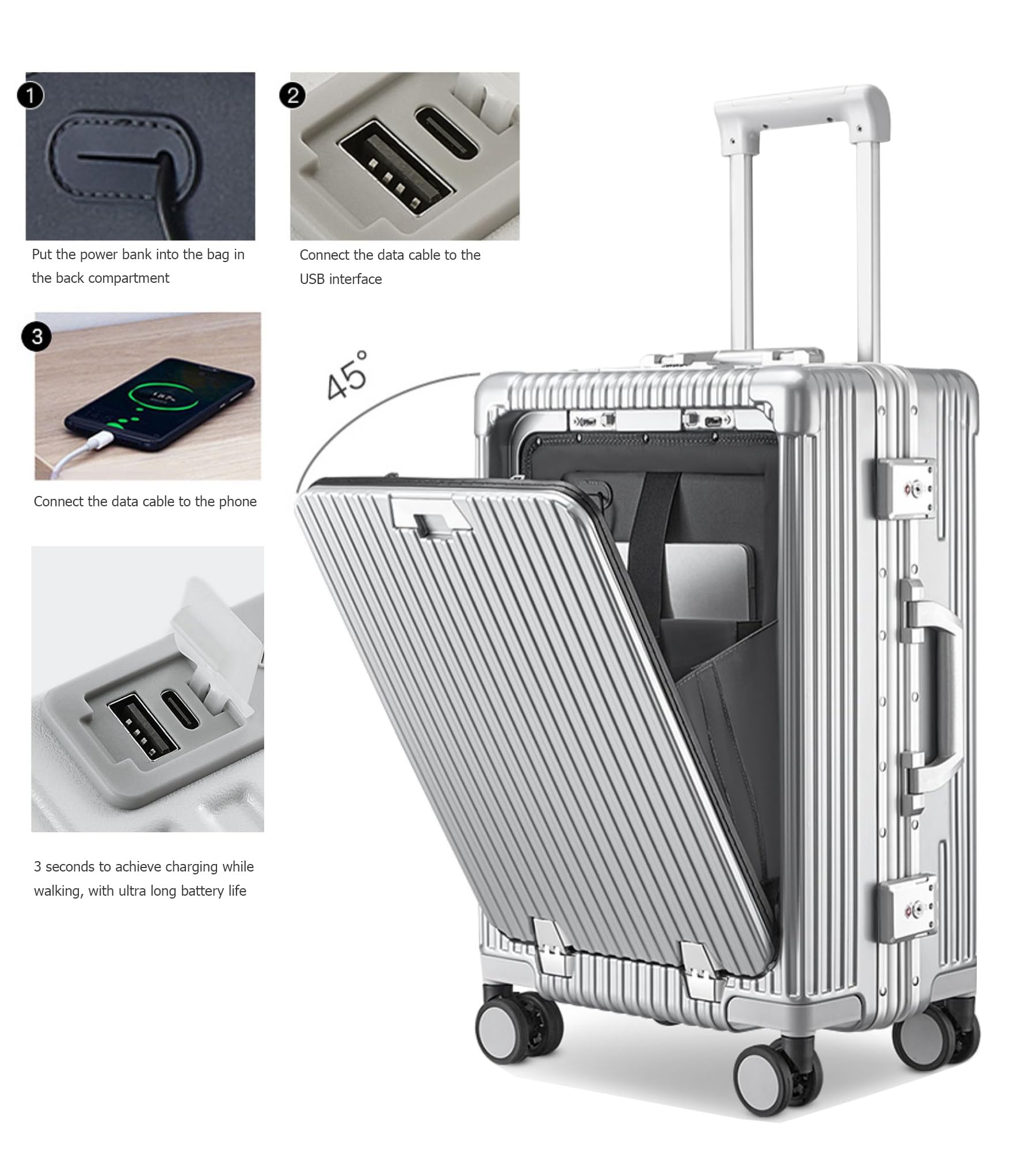 Aluminium Frame PC Hard Shell Spinner Wheels Luggage,20.8"X15"X8.7 Airline