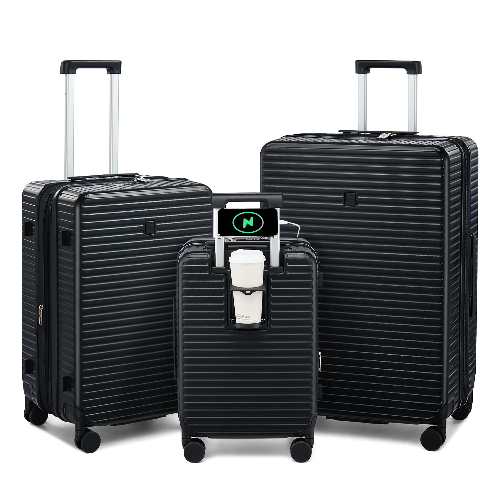 Expandable Travel Luggage with Cup Holder Charger Built in Lightweight Small Suitcase, Silver