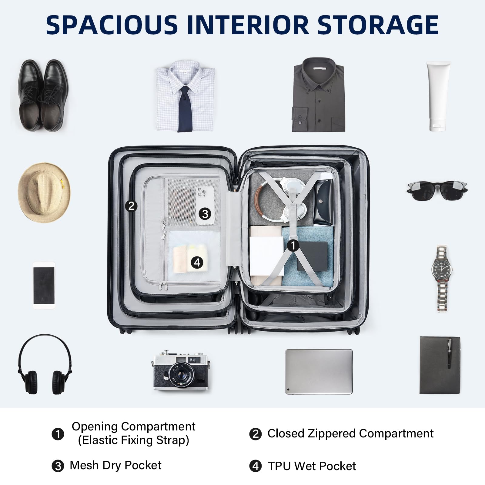 Expandable Travel Luggage with Cup Holder Charger Built in Lightweight Small Suitcase, Silver