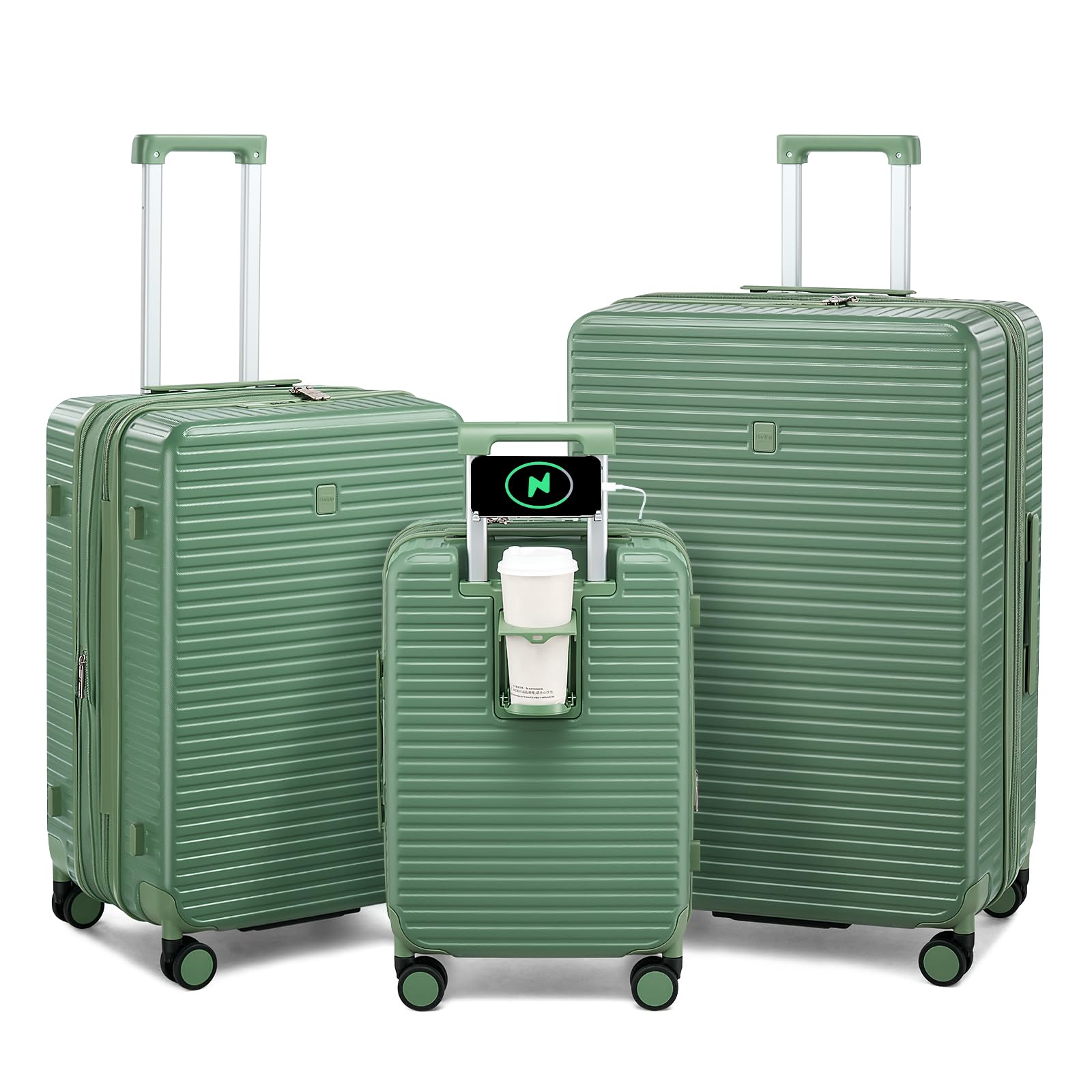 Expandable Travel Luggage with Cup Holder Charger Built in Lightweight Small Suitcase, Silver