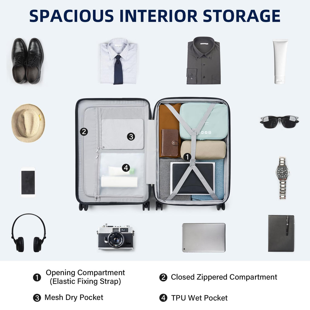 Expandable Travel Luggage with Cup Holder Charger Built in Lightweight Small Suitcase, Silver