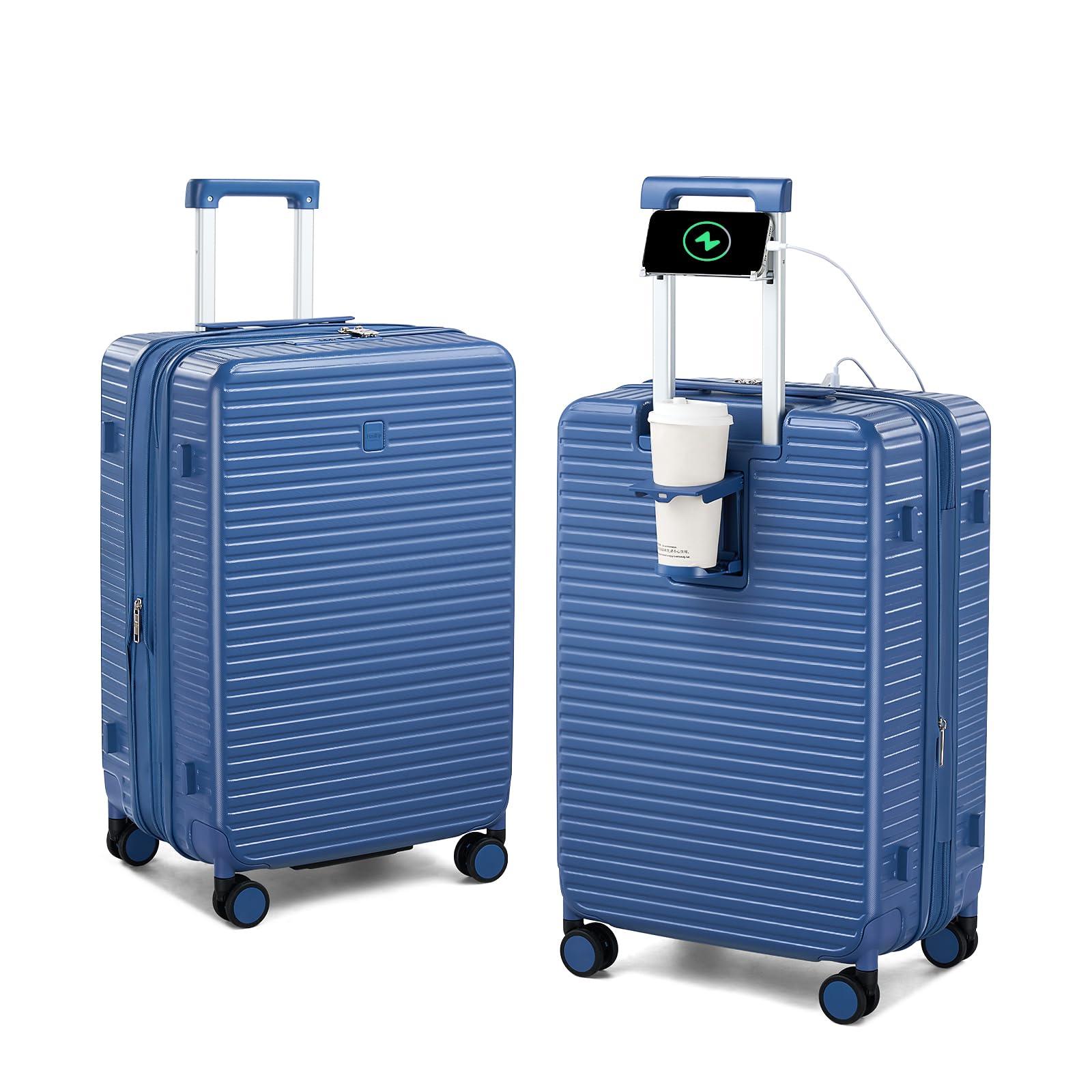 Expandable Travel Luggage with Cup Holder Charger Built in Lightweight Small Suitcase, Silver
