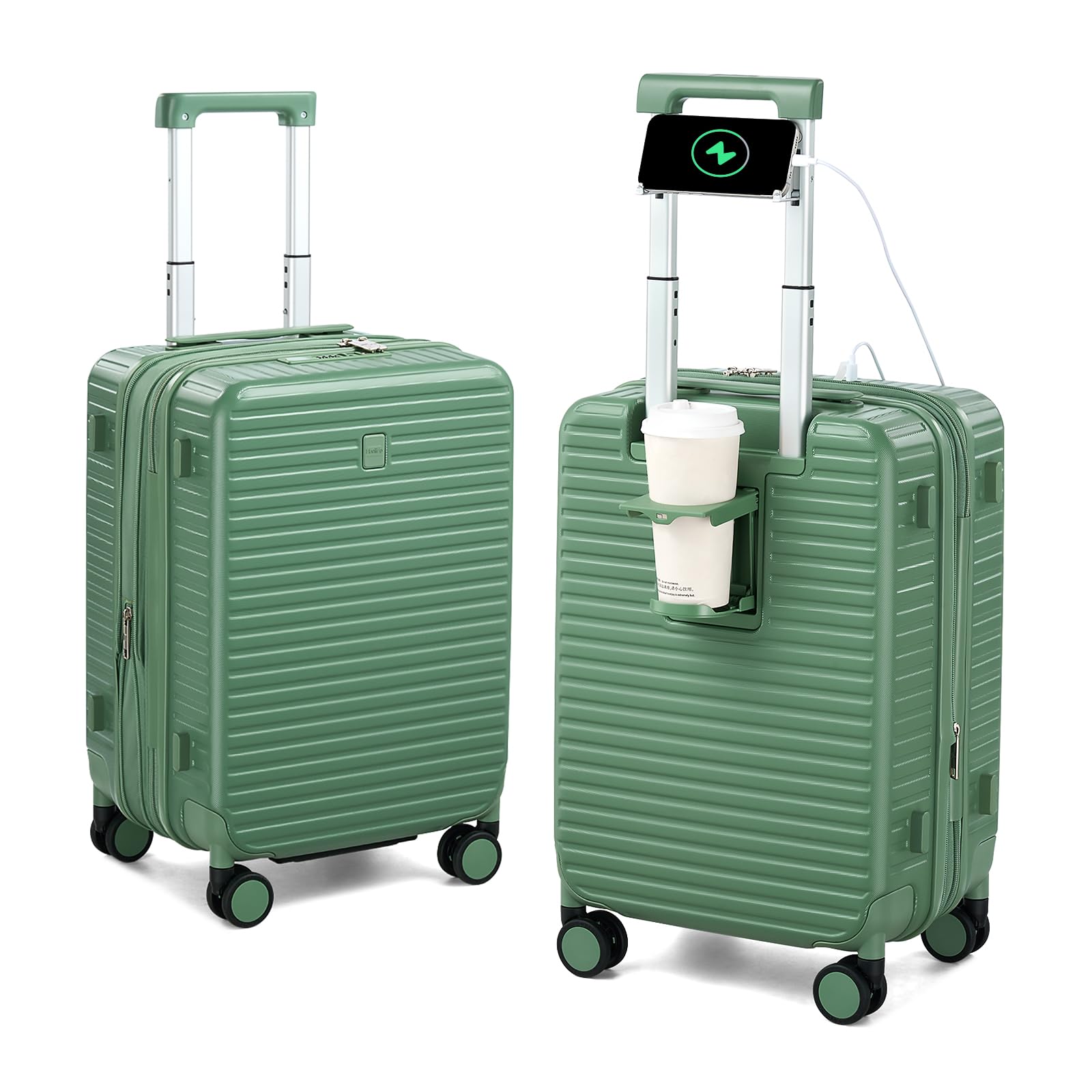 Expandable Travel Luggage with Cup Holder Charger Built in Lightweight Small Suitcase, Silver