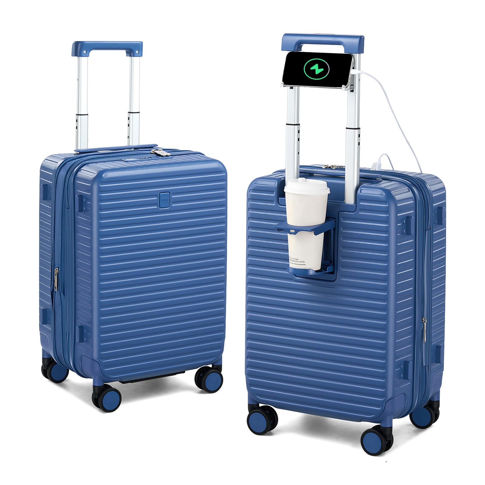 Expandable Travel Luggage with Cup Holder Charger Built in Lightweight Small Suitcase, Silver