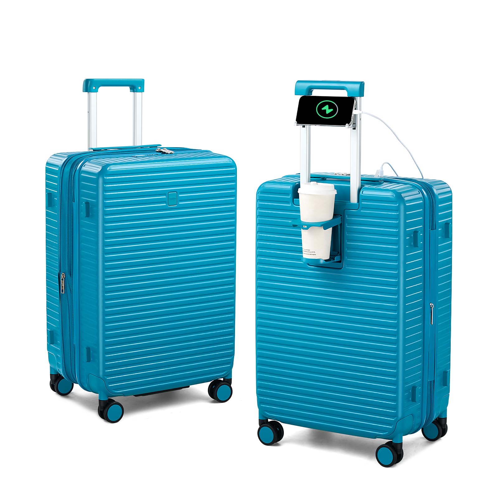 Expandable Travel Luggage with Cup Holder Charger Built in Lightweight Small Suitcase, Silver