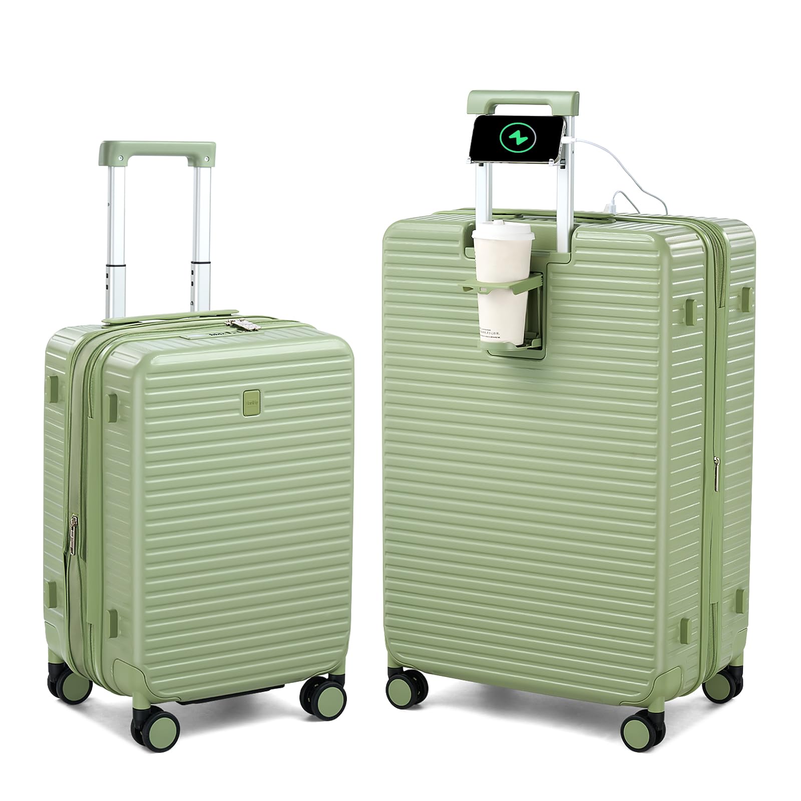 Expandable Travel Luggage with Cup Holder Charger Built in Lightweight Small Suitcase, Silver