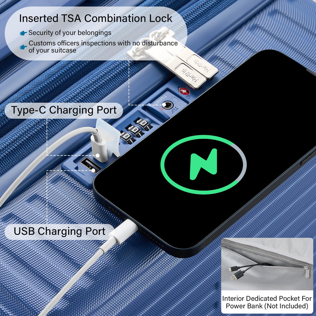 Expandable Travel Luggage with Cup Holder Charger Built in Lightweight Small Suitcase, Silver