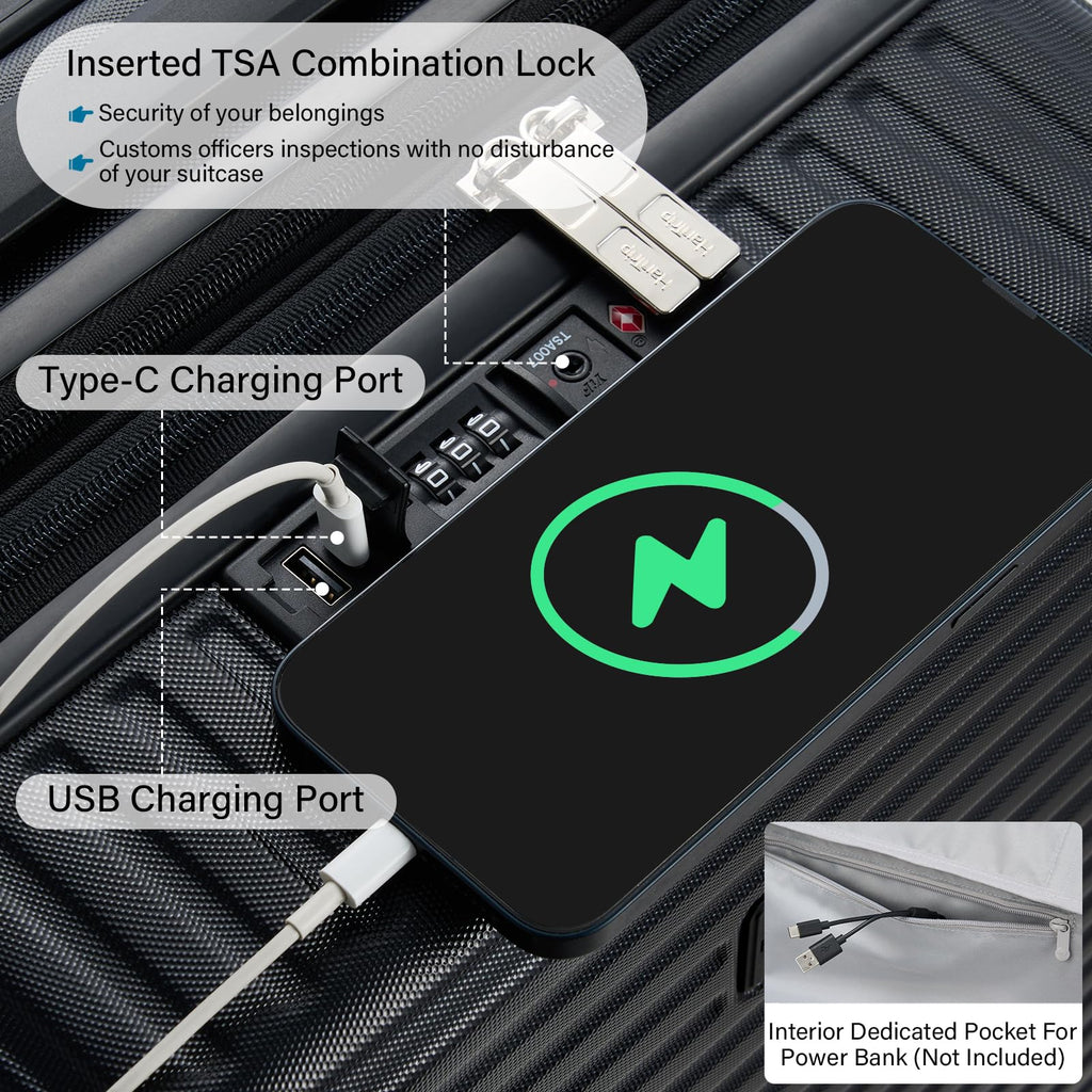 Expandable Travel Luggage with Cup Holder Charger Built in Lightweight Small Suitcase, Silver