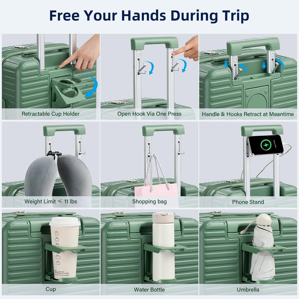 Expandable Travel Luggage with Cup Holder Charger Built in Lightweight Small Suitcase, Silver