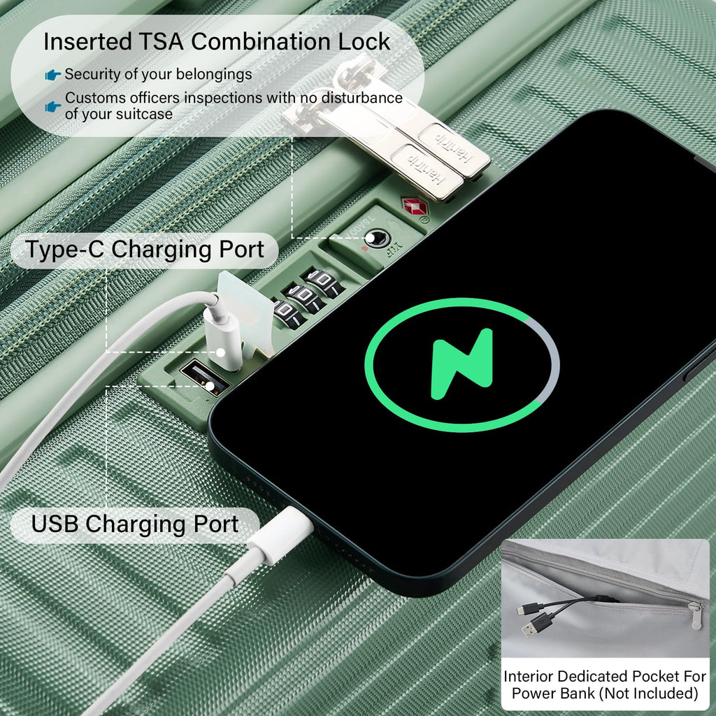 Expandable Travel Luggage with Cup Holder Charger Built in Lightweight Small Suitcase, Silver